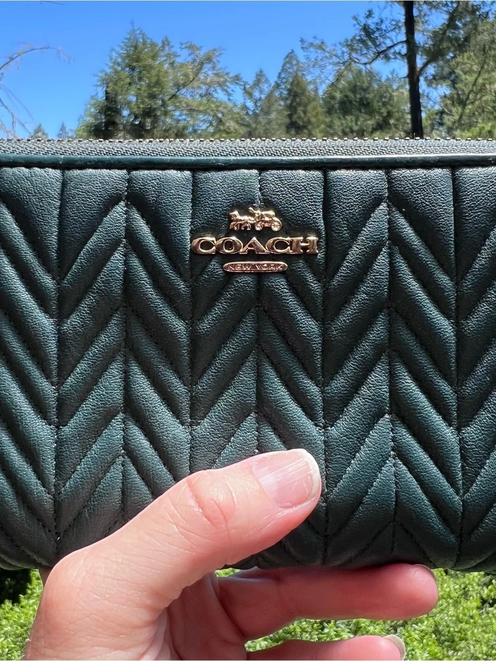 COACH Green Quilted Leather Zip-Around Wallet with Gold Hardware AUTHENTIC